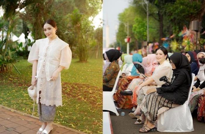 Gaya busana mama artis biru acara 7 bulanan
